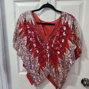Silk Hand Embellished Sequin Butterfly Shirt Top Womens Medium Disco
